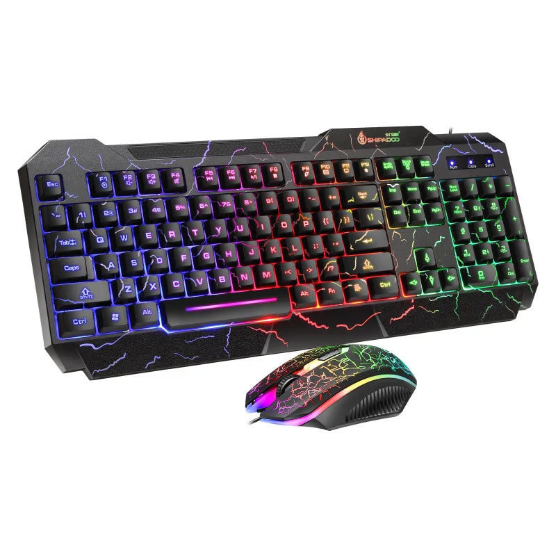 RGB Backlit 104-Key Mechanical Wired Gaming Keyboard & Mouse Set Black Crackle Waterproof