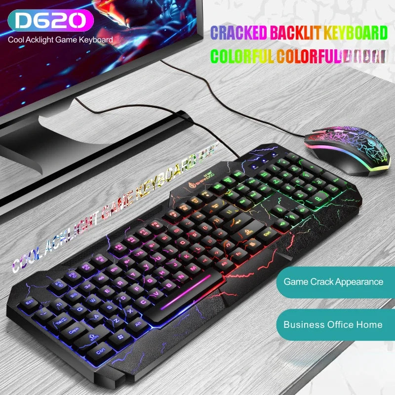  RGB Backlit 104-Key Mechanical Wired Gaming Keyboard & Mouse Set Black Crackle Waterproof