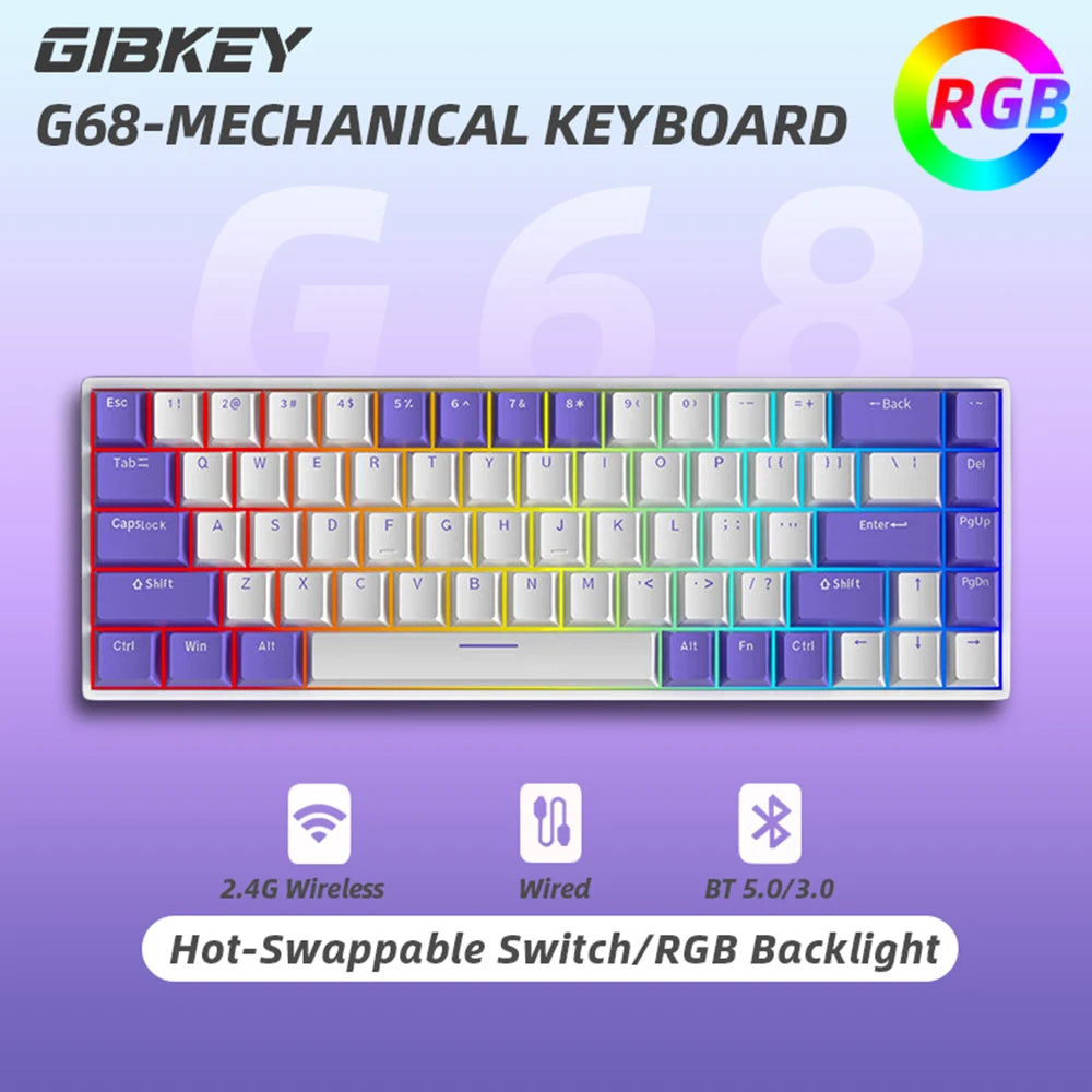 G68 Bluetooth Wireless Gaming Mechanical Keyboard Custom RGB Light Hot-Swappable Switch 68 Keys