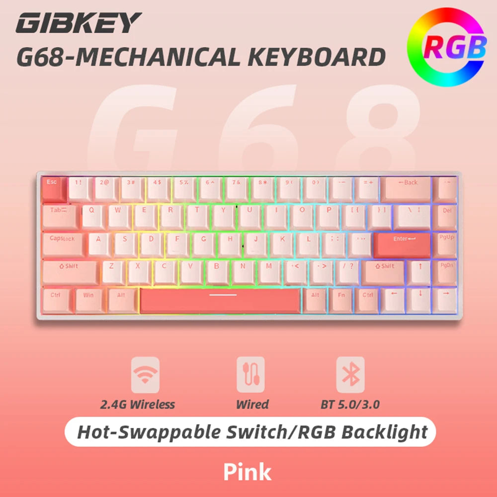 G68 Bluetooth Wireless Gaming Mechanical Keyboard Custom RGB Light Hot-Swappable Switch 68 Keys