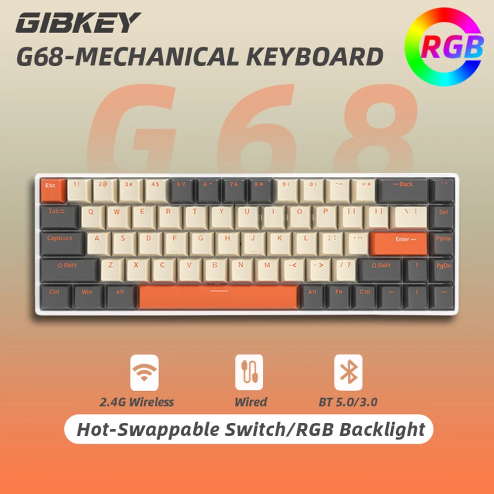G68 Bluetooth Wireless Gaming Mechanical Keyboard Custom RGB Light Hot-Swappable Switch 68 Keys